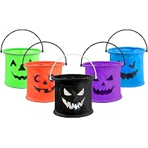Halloween Snoepemmers – 5 Stuks, Opvouwbaar Kunststof, 13x14 Cm, Met Handvat, Spookgezichten, Meerkleurig – Perfect Voor Trick Or Treat En Decoratie