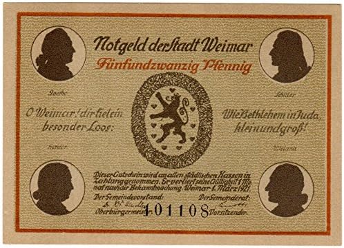 25 Pfennig Notgeld (Emergency money) of the town Weimar, 1921, No. 101108, Goethes Gartenhaus (Goethe's garden house)