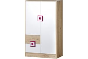 ‎MARMEX MEBLE Marmex Nico N7 Hochkommode - Große Kommode - Hochschrank mit Regalen - Kommode für das Jugendzimmer, für das Kinderzimmer - Eiche Hell + Weiß + Rosa - 80x130x40cm