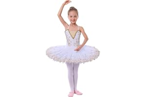IBTOM CASTLE Fille Sans Manches Robe Ballet Brodée de Plumes Justaucorps Gymnastique Patinage Ballet Tutu Costume de Danse Enfant Ballerina 4-14 Ans