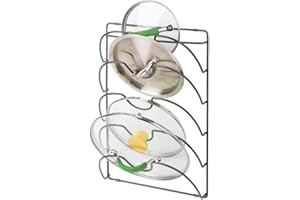 mDesign Soportes de pared para utensilios y menaje de cocina con 5 apartados – Práctico organizador de tapas de ollas y sartenes – Útil organizador de cocina de metal para pared y armarios – gris