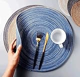juego de mesa redonda y sillas para cocina ♥ Los salvamanteles redondos tienen un diámetro de 14 pulgadas, lo suficientemente grandes para cualquier plato o tazón, paquete Incluye 6 piezas de mantel individuales. Todos los salvamanteles se cortan a mano y tal vez un error de una pulgada. Esto no afectará el uso diario. Son muy fáciles de almacenar, simplemente arráncalos y colócalos donde quieras.