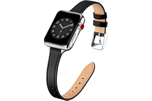SUNFWR Compatible avec Le Bracelet Apple Watch 41mm 40mm 38mm,Fin Cuir Véritable Femme Bracelet Remplacement,pour iwatch Series 7/6/5/4/3/2/1,SE(38mm 40mm 41mm,Noir&Argent)