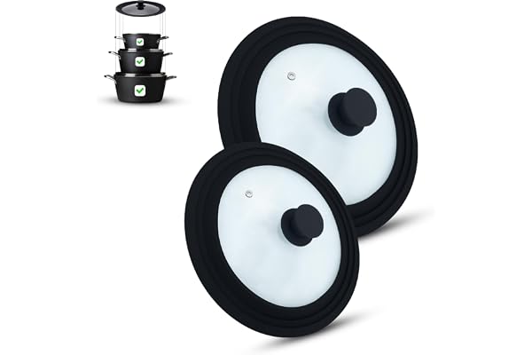 M.S.N Lot de 2 couvercles, en verre, pour casseroles et poêles de 16/18/20 cm et 24/26/28 cm, avec soupape d'échappement et bord en silicone noirs