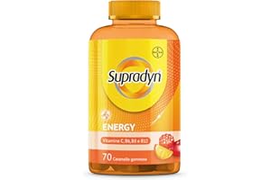 Supradyn Energy, Integratore Multivitaminico Completo, con Vitamine A, B, C, D, E e Coenzima Q10, 70 Caramelle Gommose Multivitaminiche Gusto Ciliegia, Lampone e Arancia