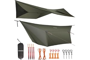 onewind Plandeka hamakowa, mucha przeciwdeszczowa, ultralekka, duża osłona, schronienie z drzwiami, przenośna do zimowego buszu, namiot, wszystkie akcesoria w zestawie (oliwkowa zieleń1, 365 cm x 295
