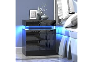 Lvhcmfohm Nachttisch Schwarz mit Led Licht, Nachtschrank, Nachtkommode mit 2 Schubladen und Schränke mit Klappdeckel für Wohnzimmer, Schlafzimmer (45x35x52cm)