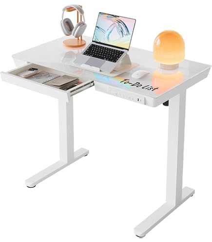 Bureau Électrique Réglable En Hauteur HUANUO 80x48cm - 4 Préréglages, Blanc, Idéal Bureau Domicile