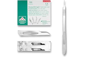 ‎MAY Set - 100 Stück Skalpellklingen Figur 15 aus Karbonstahl - Ersatzklingen einzeln steril verpackt + 1 x May - Skalpell-Halter 21 cm lang - Edelstahl