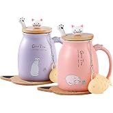 Cat Cup Cute Ceramic Coffee Cup with Lid Stainless Steel Spoon Novelty Morning Cup Tea Milk Christmas Mug Gift 380 ml Pink & Purple