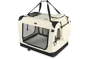 VOUNOT® Trasportino per Cani Gatti Borsa da Trasporto Cane con Materasso Morbido Striscia Riflettente, Box Scatola Pieghevole Viaggio per Animali Domestici, Portabile Traspirante, (M) 60x44x44cm Beige