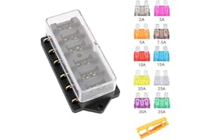 Aiqeer 6 Way Car Blade Fuse Block, 12V / 24V / 32V / 48V Universal Standard Blade Fuse Holder, Car Blade Fuse Box with Damp-Proof Cover, for Car, Truck, Boat, Marine