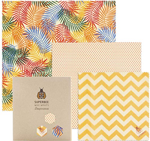 SuperBee Emballages de Cire d'abeille | Ensemble de 3: Petit, Moyen et Grand | Commerce Éthique, Emballage Alimentaire Réutilisable et Écologique | Tropical Paradise