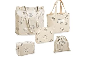 5 Stück Cordstoff Bag Set Select Zone Tasche Reise Kulturtasche Smile Face Kosmetiktasche Multifunktionaler Handtasche Make Up Bag für Damen