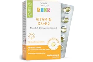 ‎WHITE OMEGA Vitamin D3+K2 für Kinder - zuckerfrei - 800 IE Vitamin D3 - mit 25 µg Vitamin K2 und 194 mg Omega-3-45 Mini-Kapseln (1,5 Monate)