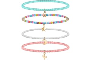 JADIVE 4 Piezas Tobilleras con Cuentas en Capas Bohemias de Verano Pulsera de Tobillo de Cadena de Cuentas de Colores Elásticos Tobilleras Bohemias Estéticas para Mujeres