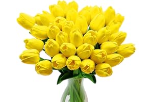 CATTLEYAHQ Flores de tulipán Artificiales, 10 Piezas de Tulipanes Reales con Hojas, decoración para Banquete de Boda Nupcial, Mesa de Cocina para el hogar (Amarillo)