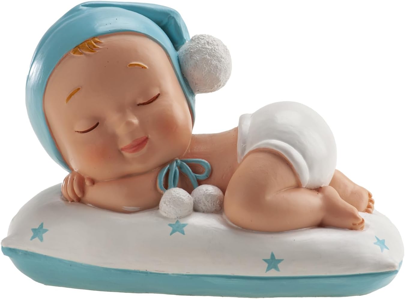 dekora- Figura de Decoracion Bautizo Niño, Bebé dormido, 10 cm, Elaborada en Resina, Adorno para Tartas de Bautizo y Baby Shower Diseño Original y Detallado Apto para Contacto Alimentario