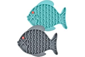 Koomuao Tapis de Leche Chien, 2Pcs Tapis Léchage Chien avec Ventouse Forme de Poisson Tapis à Lécher pour Chien à Alimentation Lente Silicone pour Bain, L'entraînement (Fish-Bleu+Gris)