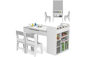 COSTWAY Kindertisch mit 2 Stühlen, 3 in 1 Maltisch+Staffelei Holz mit Stauraum, Kindersitzgruppe mit anhebbarer Tischplatte & abnehmbarem Ablagetablett, Basteltisch Kinder für ab 3 Jahren (Grau)