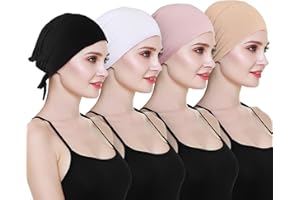 YUWJOOWEE 4 Stück Frauen Undercap Hijab, Baumwolle Frauen Unter Schal Hijab Mütze, Islamische Muslimische Turban Kopfbedeckung, Tie Back Closure Solid Color Unter Schal Turban Kopfbedeckung Chemo Kopftuch
