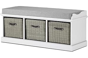 Tetbury Furniture White 3 seater bench with grey baskets and cushion