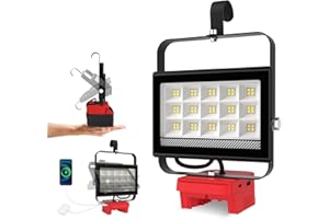 ILIKEPOW Projecteur LED Rechargeable pour Milwaukee 18V Batterie,60W 4500LM Projecteur LED Chantier Portable, Lampe LED avec Charge Type C & USB pour Camping, Chantier, Garage, Atelier(Sans Batterie)