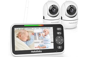 HelloBaby Monitor de Bebé con 2 Cámaras y Visión Nocturna, Pantalla Dividida de 5 Pulgadas con Batería de 26 Horas, 2 Cámaras de Video Panorámicas-Inclinación, Monitor de Bebé sin WiFi, Eco, Audio