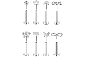WillTen 8PCS Piercing Labio Plata Oro, 16G 6mm 8mm Piercing Tragus Acero Quirurgico con Circonita Cúbica, Nariz Stud Labio Barra Cartílago Hélix Piercing Joyería para Mujeres Niñas