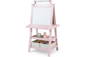 Maxmass 3 in 1 Kids Art Easel, Double-Sided Whiteboard & Chalkboard with Paper Roll, Art Drawing Board Stand for Nursery and Baby Toddler Junior Bedrooms (Pink)