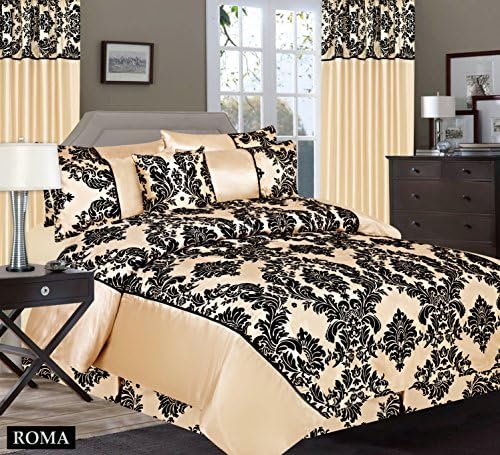 Kelly Super Luxury Damask Flock 4pcs Complete Bedding Sheet Set - 2 Pillow Cases/Valance Sheet/Quilt Cover - Cream Black (King Bed)