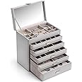 Vlando 6 Tier Large Jewelry Storage Box with Mirror, Huge Jewelry Box Organizer Storage of Necklace Ring Earring Bracelets Watches (Grey)