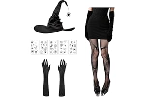 PAPU Halloween Hexenkostüm Damen Set - Schwarze Hexenhut Damen mit Spinnenanhänger & Lange Handschuhe & Spinnen Tattoo & Strumpfhose,Hexenhüte Witch Kostüm Hexe Accessoires für Frau Fasching Party Theater