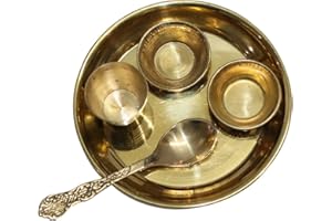BRACOP® Brass Bhog Thali Set Round Platter Indian Pooja Samagri Round Shape Decorative Tray Serving Plate Pooja Thali Set Home Temple Accessories Brass Platters Set Of 5 Pcs Rakhi Gift