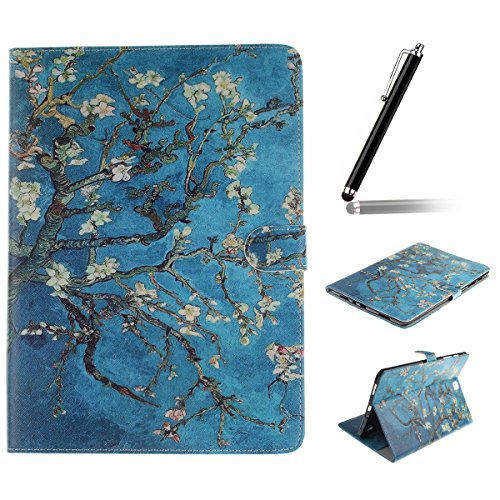Galaxy Tab A 9.7 Hülle,Ukayfe Blau Plum Blossom Blumen Painted Schutzhülle fur Galaxy Tab A 9.7 SM-T550 Ledertasche Lederhülle Smart Case Cover,[Bunt Muster Design] Kunstleder Tasche PU Leder Schutzhülle Brieftasche Etui Schale Hülle for Galaxy Tab A (9.7 Zoll) SM-T550 mit 1 x Schwarze Eingabestift