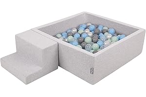 KiddyMoon Foam Playground For Kids With Square Ballpit (200 Balls ∅ 7Cm/2.75In) Soft Obstacles Course And Ball Pool, Made In The EU, Lightgrey:Pearl/Grey/Transparent/Babyblue/Mint
