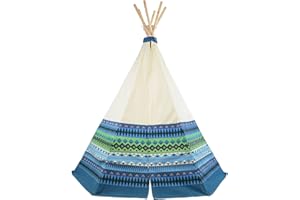 BIG GAME HUNTERS Garden Games Children's Blue Aztec Wigwam/Teepee Play Tent with wooden frame and natural cotton canvas - for indoors and outdoors