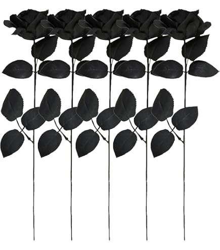 Rose artificiali, Confezione da 5 rose artificiali nere per Halloween,con bulbi oculari, in finta seta, per feste di Halloween, decorazione per la casa, matrimoni, colore: nero