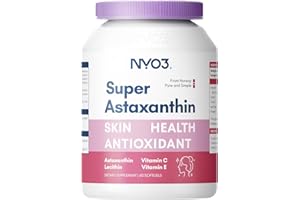 NYO3 Astaxanthine 12mg, compléments alimentaires antioxydants premium avec vitamines C et E, lécithine et huile de lin, 60 gélules molles, source fraîche de microalgues