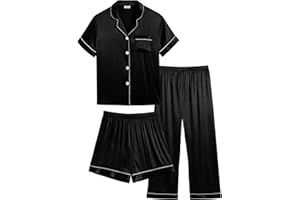 SWOMOG Kid's Silk Pyjamas 3PCS Girls Boys Short Sleeve Satin PJs Set Button-Down Nightwear Soft Lounge Sleepwear Teens Age 4-16