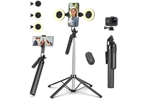 YUANRAN Tripode movil con luz de llenado, trípode de Metal para teléfono móvil con Mando a Distancia extraíble, trípode de 180 cm para Smartphone, Selfie Stick Compatible con iPhone, Samsung y Smartphones