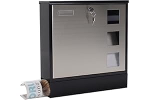 Rottner A4 Design stal/stal nierdzewna duża skrzynka na listy ze zintegrowanym uchwytem na gazety, czarna i stalowa, 380 x 370 x 120 mm, 5535