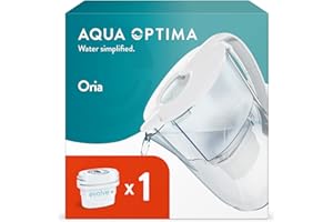 Aqua Optima Dzbanek z filtrem do wody Oria i 1 x 30 Day Evolve+ wkład filtrujący, pojemność 2,8 l, do redukcji mikrotworzyw sztucznych, chloru, kamienia i zanieczyszczeń, biały