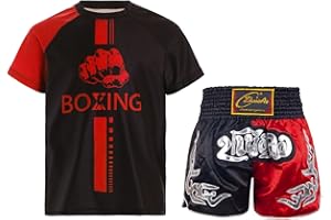 Oyolan Enfant Garçon Short de Boxe et T-Shirt Ensemble de Boxe Combat Muay Thai MMA Kick Boxing Tenue