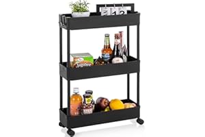 ‎APICIZON APICIZON Rollwagen, Küchenwagen auf Rollen, Nischenregal für Küche mit 3 Ebenen, 40 x 13 x 67cm, Rollwagen Schmal für Badezimmer, Waschküche, Schlafzimmer, Büro, Schwarz