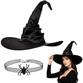 CBMZHF Black Satin Witch Hat for Women with Spider Choker | Black Ruched Wide Brim Witch Hat with Spider Necklace Halloween C