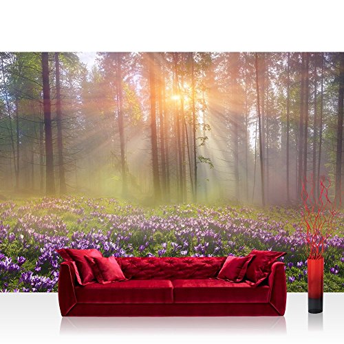 Fototapete Wald - ALLE WALDMOTIVE auf einen Blick ! Vlies PREMIUM PLUS - 200x140 cm - PURPLE FOREST FLOWERS - Wald Bäume Natur - no. 239