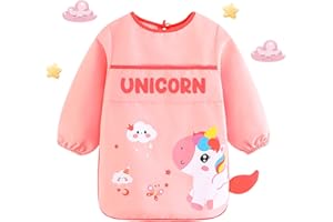 ROSEMO Delantal de unicornio infantil Niña para pintar 46cm Impermeable Bata de Artes Delantal Pintura Blusa Rosa con Manga Larga y bolsillo Grande para 3-8 Años Cocina Jardinería regalo Actividad