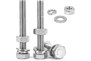 JSUOEO 6PCS M10 x 100mm Bolts, Hex Head Screws with Nuts, Flat & Lock Washers 304 Stainless Steel Fully Thread Hexagon Bolts