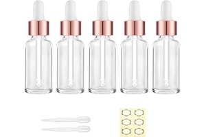 Apstaqeoo 5Pcs 30ML Transparent Glass Dropper Bottles with Pipette, Empty Sample Dropper Bottle Refillable Tincture Bottles Rose Gold Cap, Label, Dropper for Perfume Essential Oils Aromatherapy